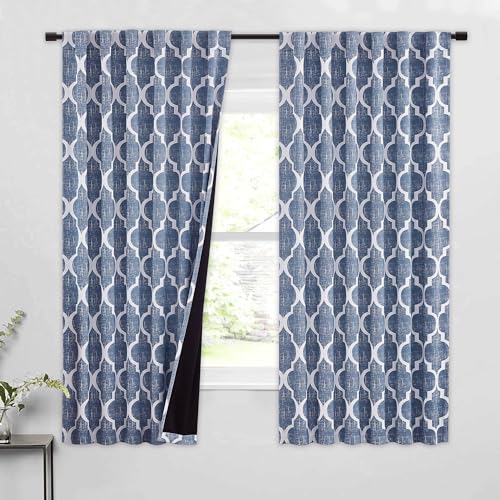 Beauoop Moroccan 100% Blackout Curtains Bedroom Blue 50x63 2 Panels - Geometric Room Darkening Drapes for Living Room 84 Inch Long Thermal Insulated Soundproof Lattice Window Treatment Rod Pocket