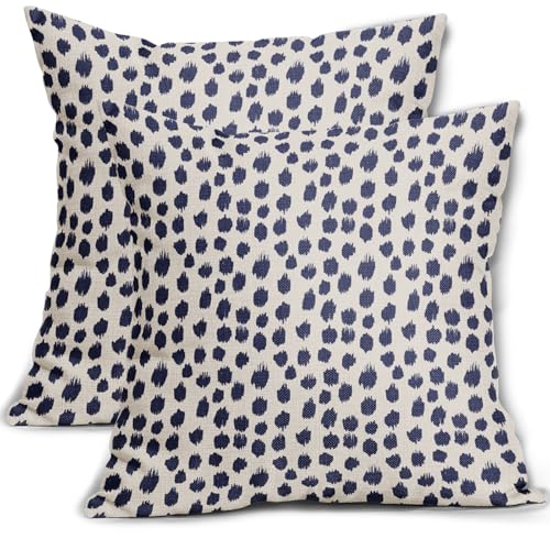 Navy Blue Cream Polka Dot Pillow Covers 22x22 Set of 2 Outdoor Modern Art Throw Pillows Boho Design Brush Strokes Decorative Pillowcase Square Cushion Cover Linen Pillow Case for Home Sofa Couch Bed