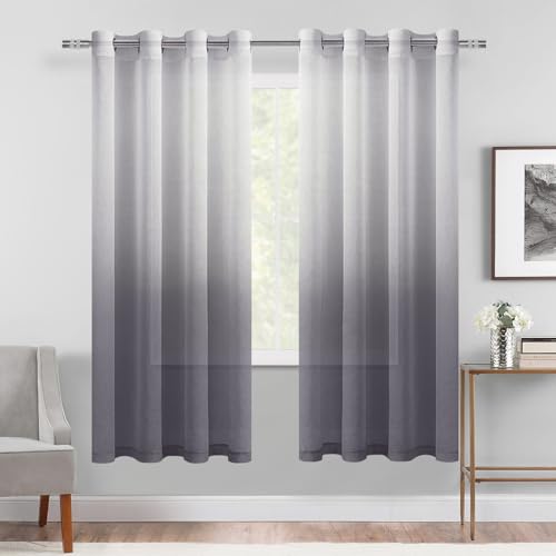 DWCN Faux Linen Grey Ombre Sheer Curtains - Gradient Semi Voile Drapes Bedroom and Living Room Curtains, Set of 2 Grommet Top Window Curtain Panels, 52 x 63 Inch Length