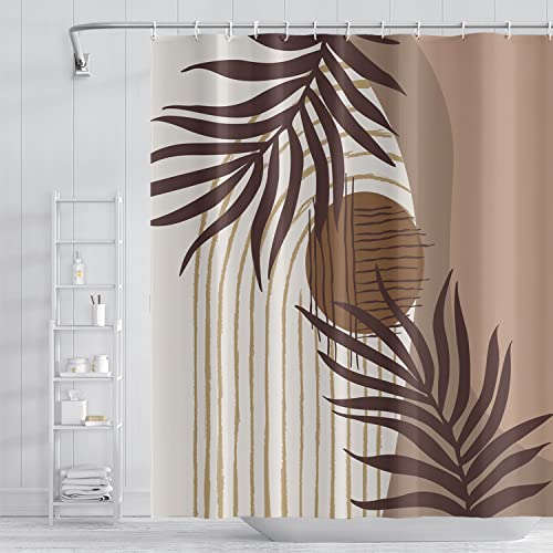 Umpoo Abstract Mid Century Boho Bathroom Shower Curtain Eucalyptus Leaves Brown and Beige Sun Shower Curtain with Hooks Waterproof Fabric Polyester Shower Curtain for Art Home Decor, 60x72 Inch