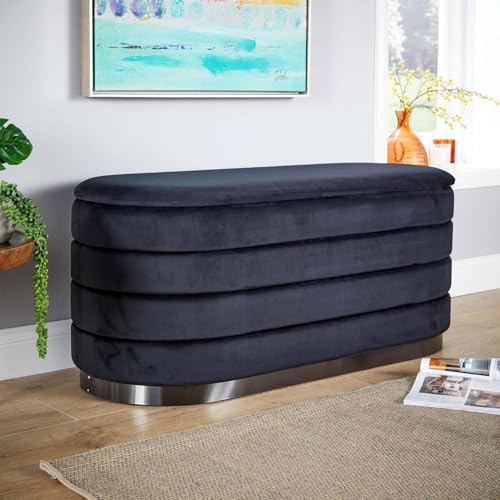 Home Source Oval Boucle Fabric-Covered Storage Ottoman, Stainless Steel Base, Black