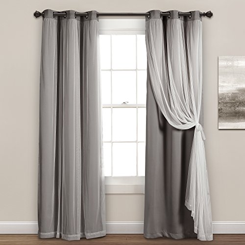 "Lush Decor Sheer Grommet Curtains Panel with Insulated Blackout Lining, Room Darkening Window Curtain Set (Pair), 38"" W x 84"" L, Dark Gray"