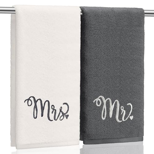 Tingjoo 2 Pcs Mr. and Mrs. Hand Towels 100% Cotton Embroidered Bathroom Towel Gift for Valentine's Day Couple Wedding Engagement Anniversary Bathroom Decor 29 x 13 Inch