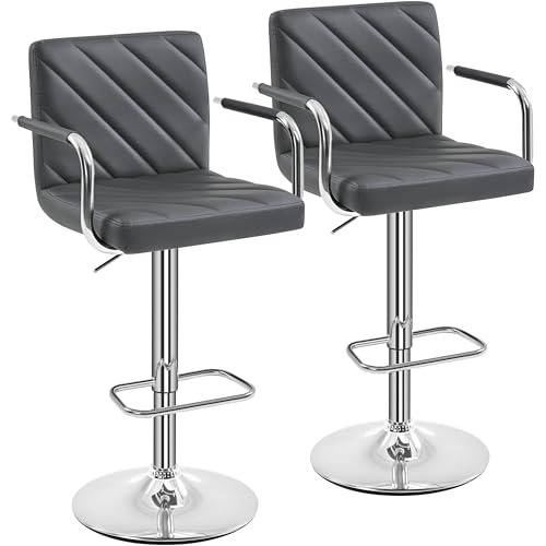 Yaheetech Barstools Set of 2, Modern Height Adjustable Swivel Bar Chairs, Faux Leather Counter Stools with Backrest and Footrest for Kitchen, Home, Restaurant, Dark Grey
