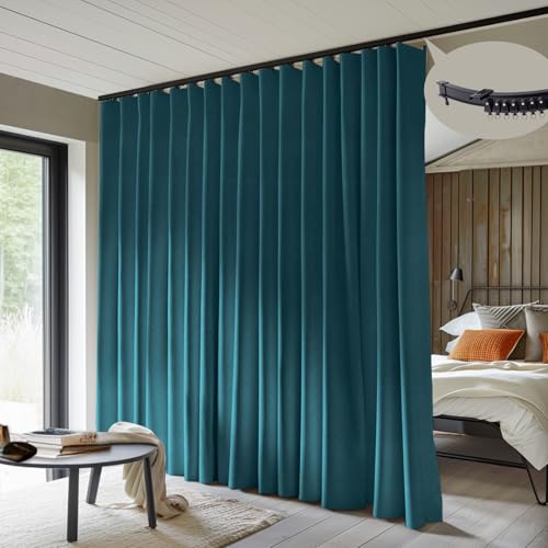 MaKefeile Room Divider Curtains with Flexible Ceiling Curtain Tracks Set,100% Blackout Floor to Ceiling Curtains Patio Sliding Door Curtains (Azure Blue Drape & Black Rail W 10 ?? H 7 FT)