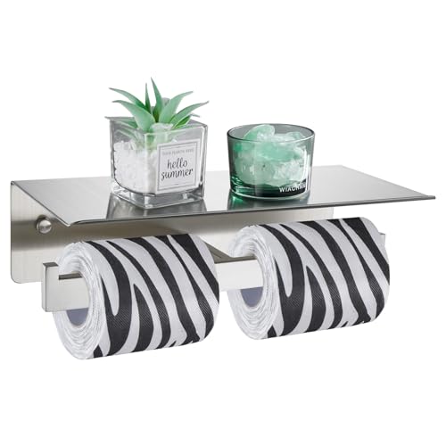 Angle Simple SUS304 Double Toilet Paper Holder with Phone Shelf, Brushed Nickel Bathroom Tissue Paper Roll Holder Wall Mount