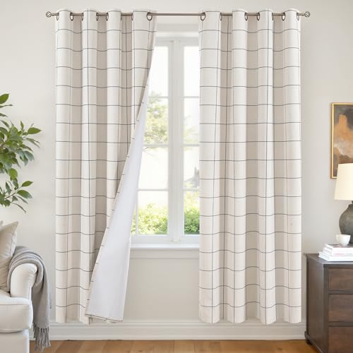 Lajode Linen Blackout Curtains for Living Room - Checkered Plaid Curtains with 72 Inch Long, Black Out Thermal Insulated Gingham Drapes with Stripe Pattern for Bedroom 52x72 Inch 2 Panels, Dark Grey