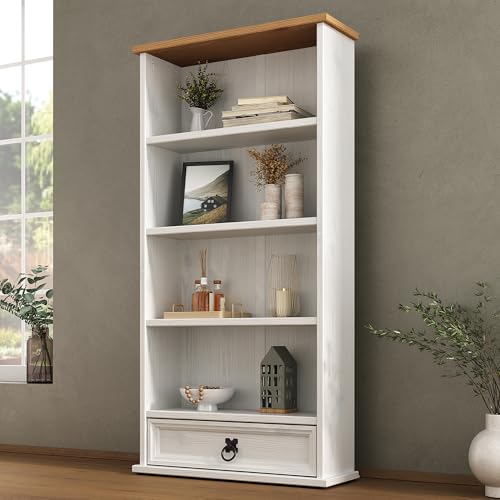 Mews Corona DVD Bookcase Rack White 1 Drawer Storage Unit Mexican Solid Pine