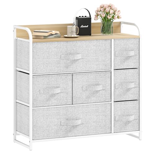 DWVO Chest of Drawers,Fabric Chest of Drawers Bedroom Cabinet with 7 Drawers,Dresser for Bedroom,Living Room With Handles,Wood Top and Sturdy Steel Frame, Light Grey