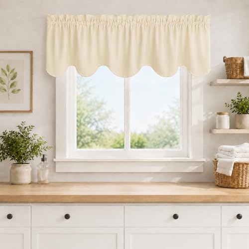 "Aquazolax Window Treatments Curtain Valance Rod Pocket Top Scalloped Valance Drapes for Bedroom Windows, 52"" Wide x 18"" Long, Beige, One Panel"