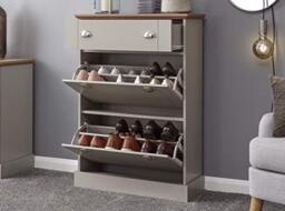GFW Kendal Deluxe Grey and Oak Shoe Cabinet, 2 Door 1 Drawer Shoe Storage Cabinet, Holds Up to 12 Pairs of Shoes, Country Style Hallway Furniture