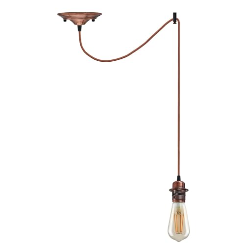 LEDSone Vintage Industrial E27 Copper Pendant Light with 2m Adjustable Cable – Metal Hanging Ceiling Lamp for Kitchen Island, Dining Room, Bar & Cafe