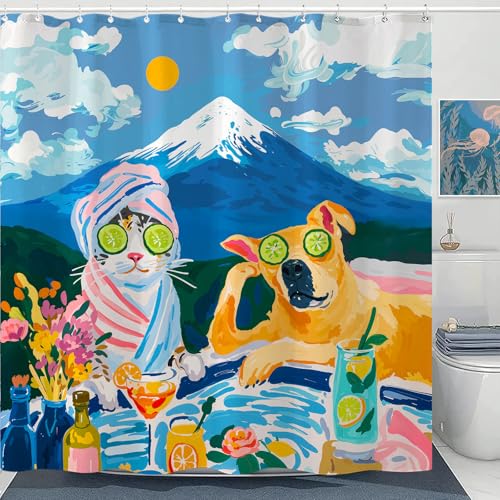 Kanuyee Spa Cat Shower Curtain Set Relaxing Pool Scene Waterproof Bathroom Shower Curtain Humorous Feline Art Print Retreat Home Decor 72x72 Inch