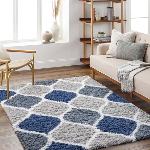 Livabliss Judy Mostar Shaggy Berber Style Floor Covering 200x290 cm – Plush Thick Pile for Living Room & Bedroom, Neutral Boho Design, Easy Care, Blue, Grey & White