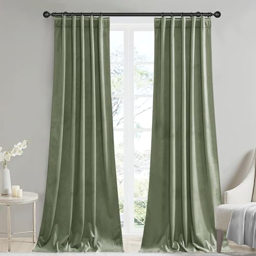 StangH Green Velvet Curtains 96 inches Set of 2, Heavy Christmas Backdrops for Holiday Party Thermal Insulated Window Covering Panels Back Tab for Living/Dining Room, Sage Green, W42x L96