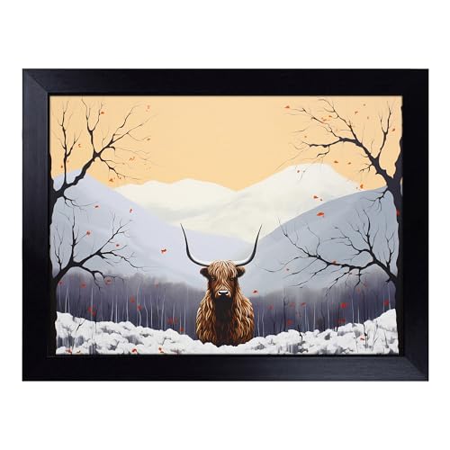Lap Tray with Bean Bag Cushion, Highland Cow Minimalism - Handmade in the UK, Raised Wooden Edge, Padded Cushion, Heat-Resistant Wipe-Clean Surface, for Meals, Laptops and Crafts
