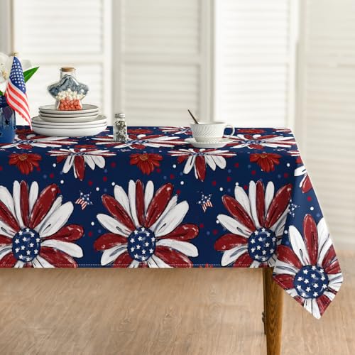 Horaldaily 4th of July Tablecloth 60??84 Inch Rectangular, Patriotic Memorial Day Red and Blue Print Flowers Independence Day Washable Table Cover for Party Picnic Dinner Decor