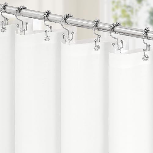 MitoVilla 3 in 1 Shower Curtain Set, White Boho Farmhouse Linen Textured Bath Curtain and Clear PEVA Liner Set with 12 Double Sided Steel Hooks, Waterproof Fabric Hotel Bathroom Curtain - 72x72
