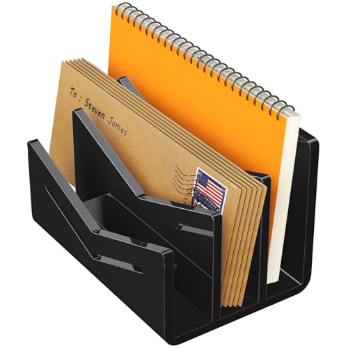 Beego Envelope and Mail Organizer Countertop - 3 Compartments Black Acrylic Desk Organizer Letter Holder Desktop File Sorter Bill Document Folder Rack for Office, Home, School Desk Organization