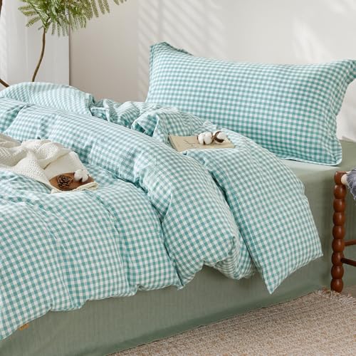 SAPHREAS Gingham Duvet Cover Set Twin Size, 100% Washed Cotton Linen Like Plaid Comforter Cover with Zipper Closure & Corner Ties (No Comforter), 68x90 Teal