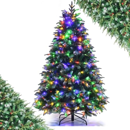 SFAREST 5FT/6FT Pre-Lit Snow Christmas Tree, Hinged Xmas Tree with 11 Flash Modes, 250/350 LED Lights, 581/899 Branch Tips, Pine Cones & Red Berries, Holiday Christmas Decorations (6FT)