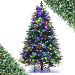 SFAREST 5FT/6FT Pre-Lit Snow Christmas Tree, Hinged Xmas Tree with 11 Flash Modes, 250/350 LED Lights, 581/899 Branch Tips, Pine Cones & Red Berries, Holiday Christmas Decorations (6FT)
