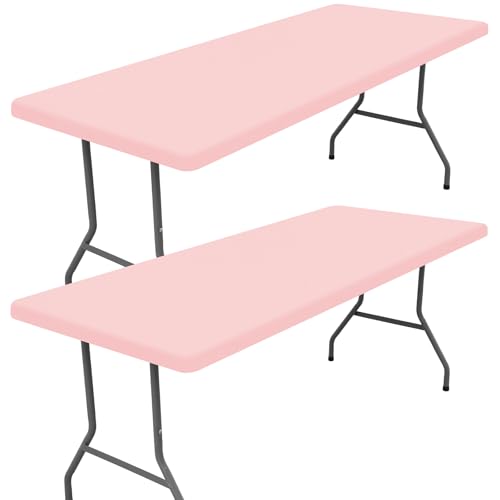 "Moosfor Spandex Picnic Table Cloth 2 Pack, Elastic Fitted Tablecloths for 8 Foot Rectangle Tables, Stretch Washable Patio Table Cover for Outdoor, Camping, Banquet and Parties (Pink, 30""x96"")"