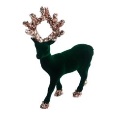 Christmas Velvet Reindeer Figurine 20cm - Emerald Green Flocking Deer Ornament with Sequin Glitter Antlers - Festive Table Decoration for Mantel, Shelf, Centerpiece and Home Décor