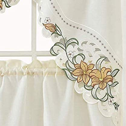 GOHD Lily Fragrance 3pcs Colorful Embroidery Kitchen Cafe Curtain Set.Gold