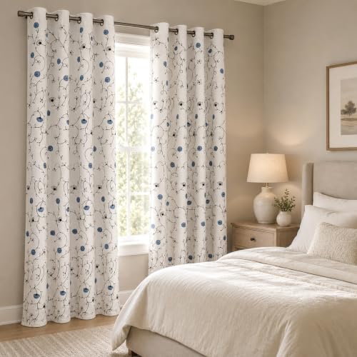 VOGOL Blue Floral Embroidered Bedroom Curtains, Lovely Flower Design Not See Through Drapes for Home Office, 2 Pieces Room Divider Window Curtain Panels for Dorm Room, 59 x 79 Inches