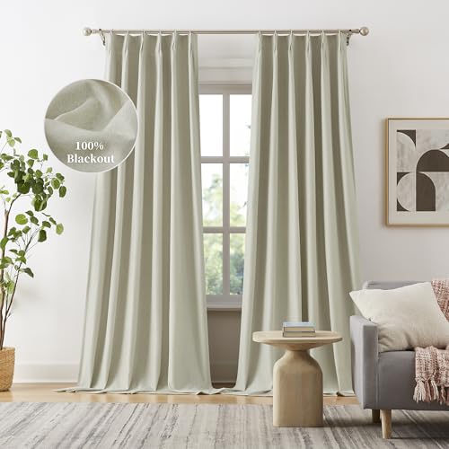 Pinch Pleated Curtains 102 Inch Length for Bedroom Living Room, Linen Boho 100% Blackout Thermal Back Tab Pinch Pleat Viral Drapes with Hooks 2 Panels-Natural Linen, W40xL102