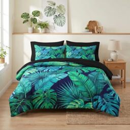 WeCozy 5 Pcs Twin Size Comforter Set with Pillowcase & Sham, Palm Leaf Floral Bedding Set for Kids and Adults, Turquoise Green Tropical Bed in a Bag with Flat Sheet and Fitted Sheet