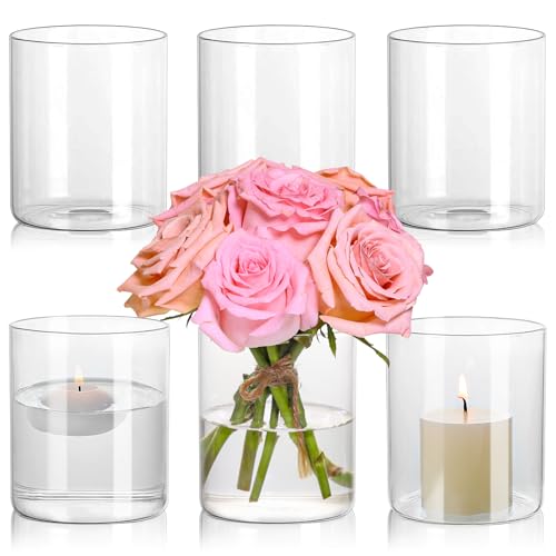 SUPMIND Glass Cylinder Vase Set of 6 for Centerpieces, 5 Inch Short Clear Flower Vases Bulk, Glass Hurricane Candle Holder for Table, Floating Candle Vases for Wedding Home D??cor