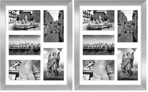 Americanflat 6x4 Collage Photo Frame with Shatter-Resistant Glass - Signature Collection - Fits Five 4x6 Photos or Use as One 11x14 Picture Frame for Wall Display - Silver (Pack of 2)