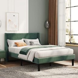Merax Double Bed Frame 4FT6 Upholstered Bed with Winged Headboard, Wood Slat Support, Strong Comfortable Double Bed, Bedroom Furniture, Soft Velvet Green