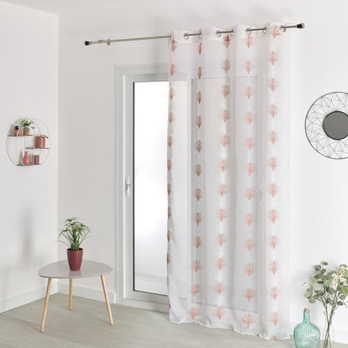 HomeMaison.com Linen Effect Net Curtain - Embroidered Net Curtain - Terracotta Curtain - 140 x 240 cm - Silver Eyelet Curtain - Window Curtain - Modern Curtain