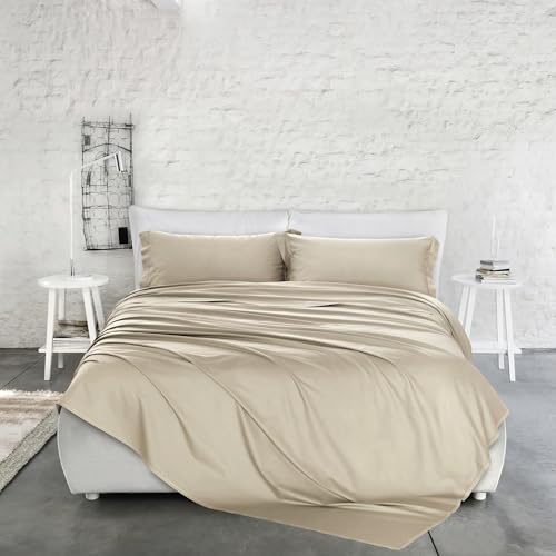 PENSIERI DELICATI Double Bed Set in Solid Satin 100% Cotton, Complete Double Bed Sheet Set, 250 x 300 cm, Including Bottom Sheet, Top and 2 Pillowcases, Made in Italy, Beige