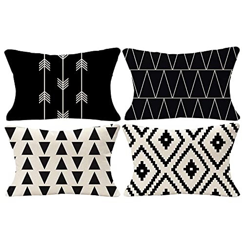 "Tosewever Set of 4 Decorative Geometric 12 x 20 Inches Throw Pillow Covers - Modern Pattern Linen Rectangle Pillow Cushion Case for Sofa Couch Bed Home Outdoor Car (12"" x 20"", Black)"
