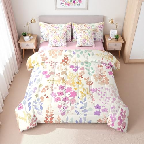 Erosebridal 7 Piece Cute Pink Floral Queen Bed in a Bag,Boho Rainbow Flower Comforter Set with Sheets for Kids Girls Women,Colorful Bohemian Wildflower Bedding Set,Watercolor Rustic Flowers Bed Set