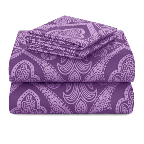 Hannah Linen Paisley California King Sheet Set, 4 PC Soft Microfiber Wrinkle Free Sheets - Luxurious Printed Bed Sheets Includes Flat Sheet, Fitted Sheet with Deep Pockets, & 2 Pillowcases - Purple