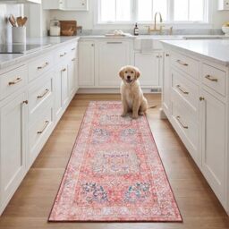 SAFAVIEH Traditional Rug Ideal for High Traffic Areas - Machine Washable and Non Slip - Tucson Collection, Short Pile, in Rose and Cream, 76 X 244 cm
