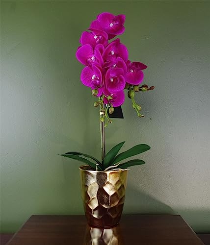 Leaf 54cm Artificial Orchid Plant - Dark Pink Gold Pot