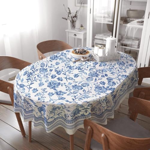 Virtumob Oval Tablecloth - 54 x 72 Inch Blue Floral Rustic Tablecloth Classic French Country Printed Table Cover for Farmhouse Decoration, Suitable for Home, Kitchen, Indoor and Outdoor Dining Table