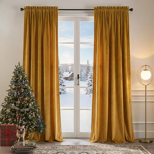 Nemia Mustard Yellow Velvet Curtains for Bedroom Window, Rod Pocket Thermal Insulated Luxury Vintage Heavy Blackout Curtain Velvet Drapes for Living Room Darkening, W53 x L108 inches, 2 Panels