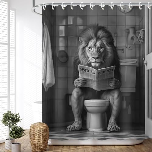 JAWO Funny Shower Curtain Farmhouse Cool Lion Shower Curtains for Bathroom Grey Humor Animal Reading on Toilet Curtains, Western Country Large Cat Bathroom Curtain Polyester Fabric Set Hooks 72X75