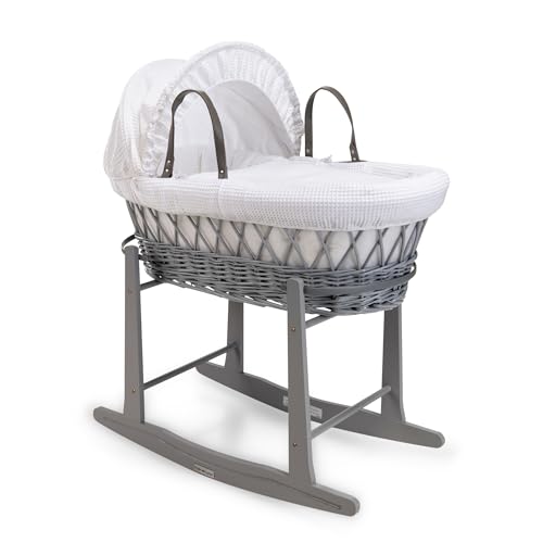 Clair de Lune Waffle Grey Wicker Moses Basket with Grey Standard Rocking Stand - 68 x 30 cm (White)