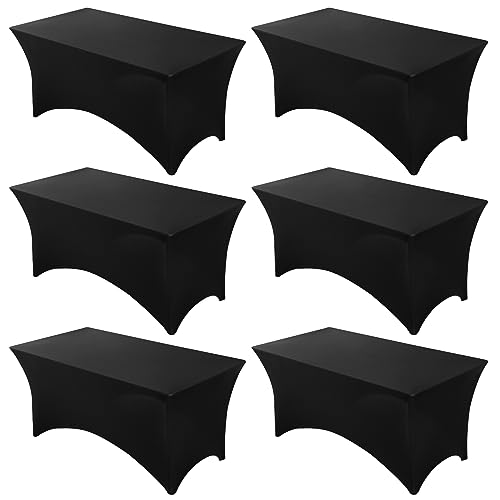 Fixwal 6 Pack 6FT Black Tablecloth Rectangle Spandex Fitted Table Cover - Fit for 6 Foot Rectangle Table, Washable Stretch, Ideal for Party, Wedding, Buffet, Graduation Decoration, Vendor Booth