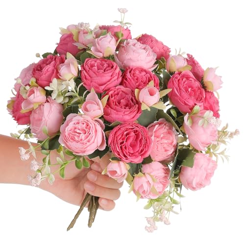 Floweroyal 2 Bunches Peony Artificial Flowers Pink Flowers Silk Peonies Bouquets for Wedding Party Table Centerpieces Floral Arrangement Home Kitchen Decor