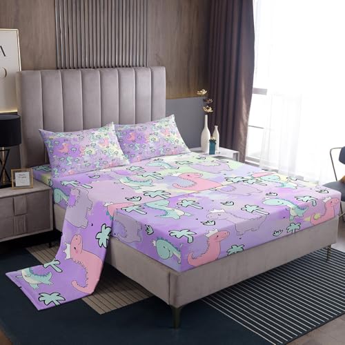 Erosebridal Dinosaur Bed Sheets Full Size, Kawaii Dinosaur Bedding Sets for Kids Girls Boys Gift Bedroom Decor, Cartoon Cute Animals Flat Sheet,Palm Leaf Sheet Set, Green Purple Pink
