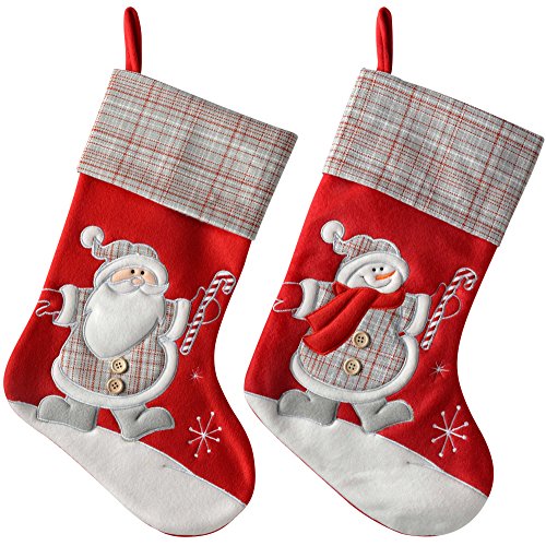 WeRChristmas Tartan Design Christmas Stockings with Dancing Santa and Snowman, 45 cm - Multi-Colour, Set of 2